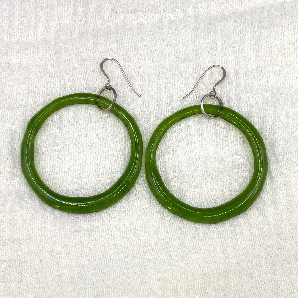 Green Beach Glass Big Hoop Earrings Sterling Silver Ear wires J683